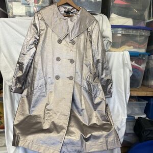 Ellen Tracy Pewter Shimmer Long Car Coat Jacket Women's Size L Water Resistant